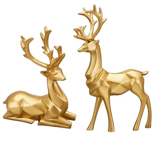 Christmas Decorative Gift 2PCS Deer Sculpture 3D Geometric Deer Ornaments Used to Set Off The Festive Atmosphere Fireplace Dining Table Living Room Decoration (3D Geometry Gold) | Amazon (US)