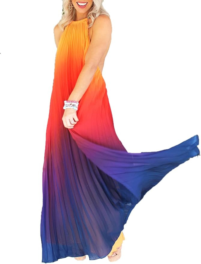 Paintcolors Women's Casual Halter Sleeveless Pleated Long Maxi Dress Backless Loose Ombre Summer ... | Amazon (US)