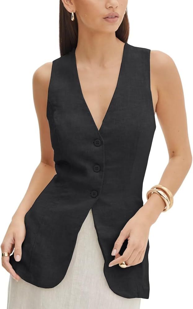 Women's Summer Linen Vest Sleeveless 3 Button V Neck Casual Beach Waistcoat | Amazon (US)