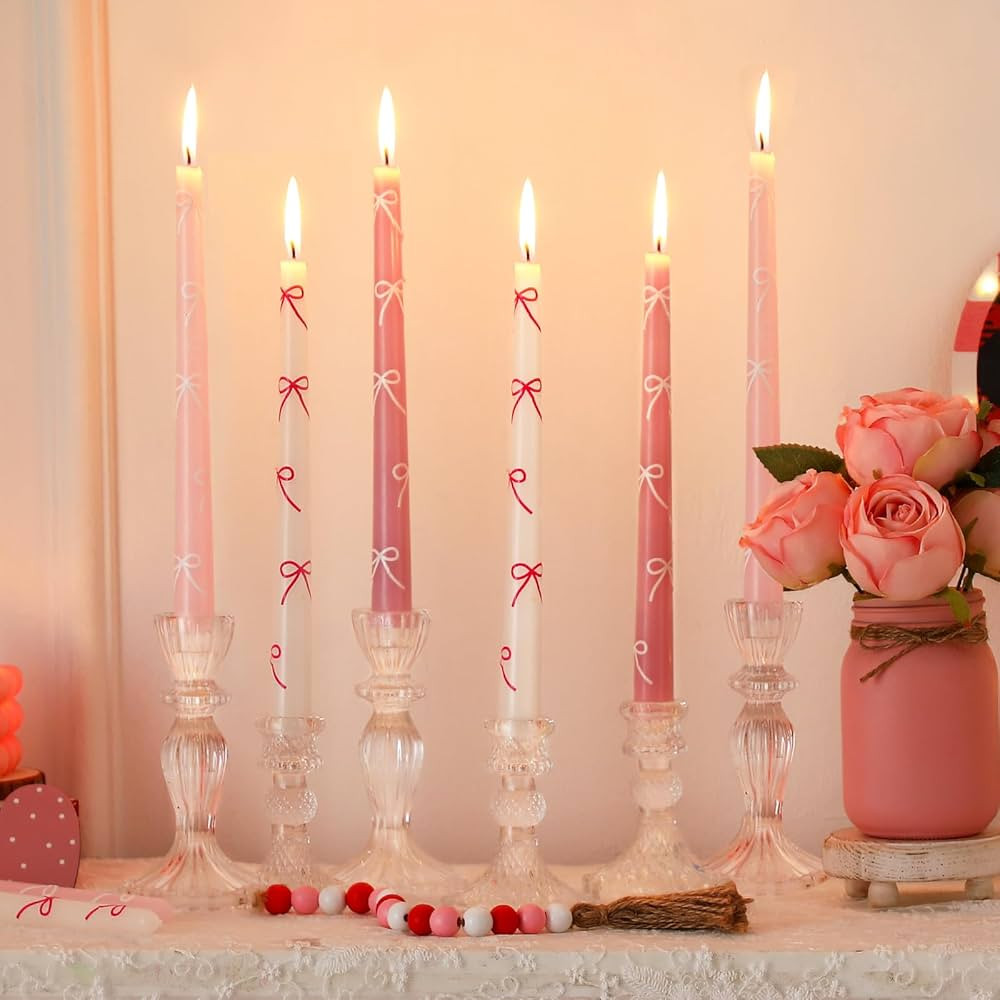 6 Pcs Pink Bow Taper Candles 10 Inch Valentine's Day Taper Candles for Christmas Valentine Coquet... | Amazon (US)