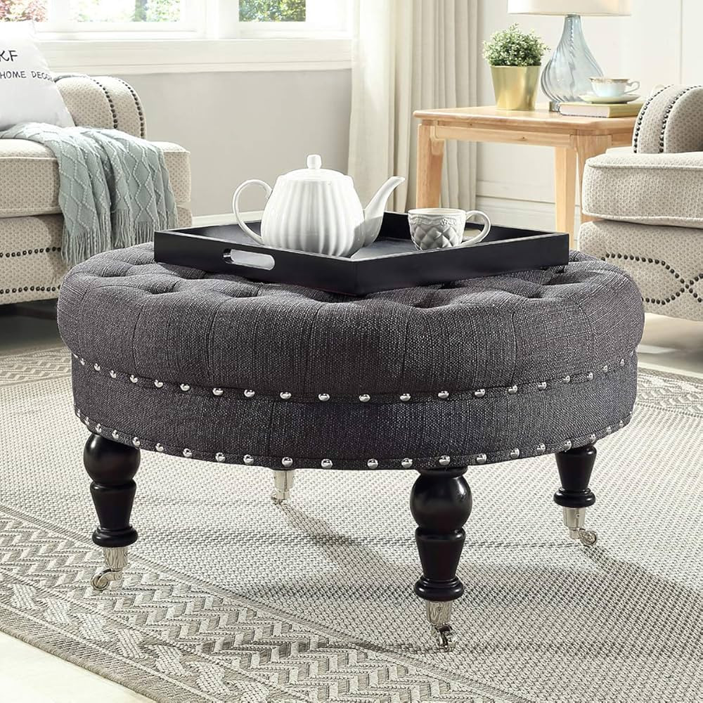 24KF Large Round Upholstered Tufted Button Linen Ottoman Coffee Table, Large Footrest Bench with ... | Amazon (US)