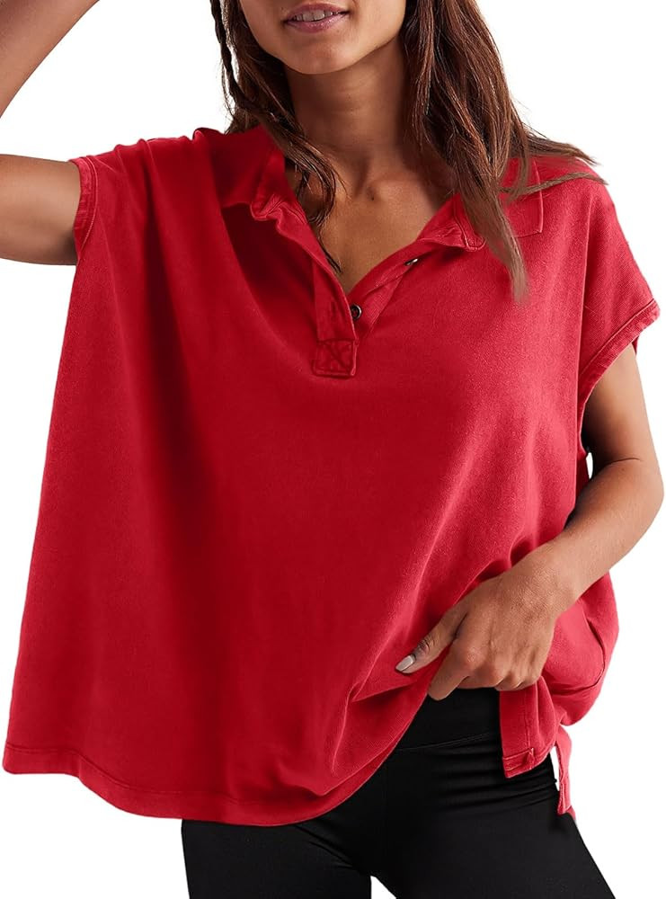 Tankaneo Womens Oversized Cap Sleeve Polo Shirts Summer Casual V Neck Tops Loose Fit Collared Cot... | Amazon (US)