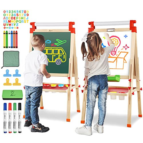 JOYOOSS Kids Wooden Easel with Paper Roll - Adjustable Magnetic Double Sided Drawing Board Whiteboard & Chalkboard Dry Easel Board,Children Art Easel for 3~12 Years Kids Boys Girls Painting Drawing | Amazon (US)