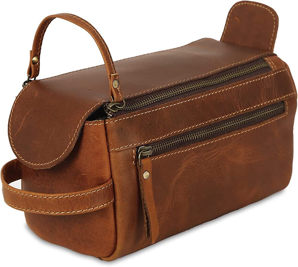 KomalC Premium Buffalo Leather Unisex Toiletry Bag Travel Dopp Kit (Distressed Orange Tan) | Amazon (US)