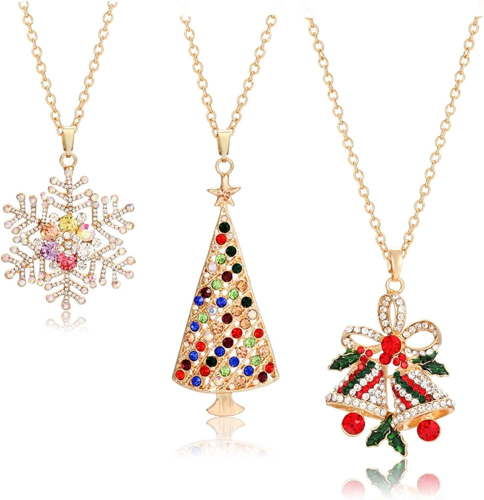 Christmas Pendant Necklaces Women Statement Charm Crystal Jingle Bell Snow Christmas Tree Cute Dr... | Amazon (US)