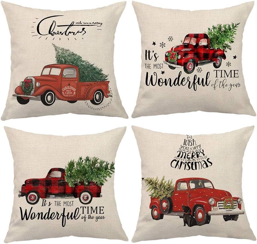 ULOVE LOVE YOURSELF Red Truck Throw Pillow Covers with Xmas Tree Winter Holiday Christmas Square ... | Amazon (US)