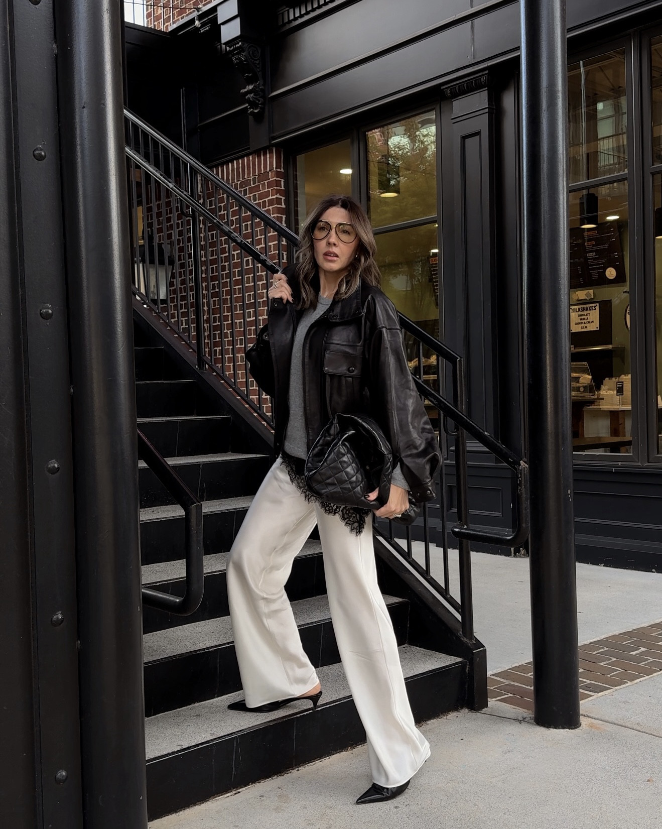 Satin pants is a wardrobe staple. 
So easy to dress up and down.
Can be styled with sweaters, blazers, a flats and heels. Fur coats for colder days and lather jackets for fall.
These cream pants stole my heart and million compliments as well:) 
#tatianaharkins#styledbytatiana#tatianaharkinstyle#satinpants#leatherjacket#leatherbomber#bomberjacket#funelneckjacket

#LTKOver40 #LTKStyleTip #LTKU