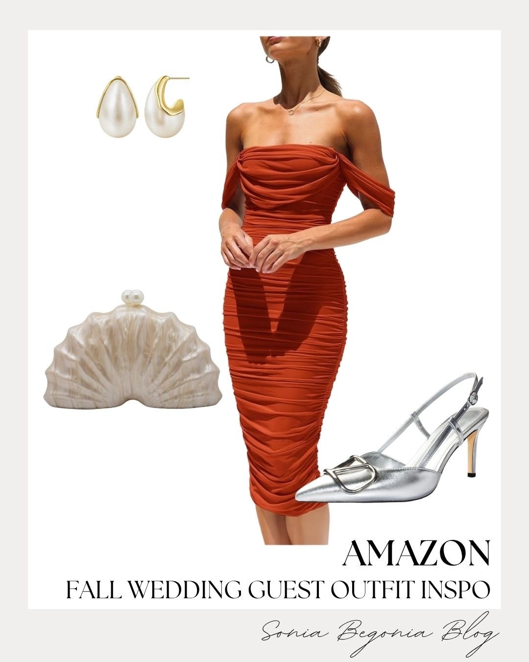 Heading to an autumn wedding? 🍁

This Amazon look features a rust orange off-the-shoulder ruched midi dress, silver slingback heels, a pearl shell clutch, and chic gold teardrop earrings. 💫

#AmazonFashion #WeddingGuestDress #LTKwedding #FallFashion #OOTN #LTKshopper

#LTKootd #LTKSeasonal #LTKWedding