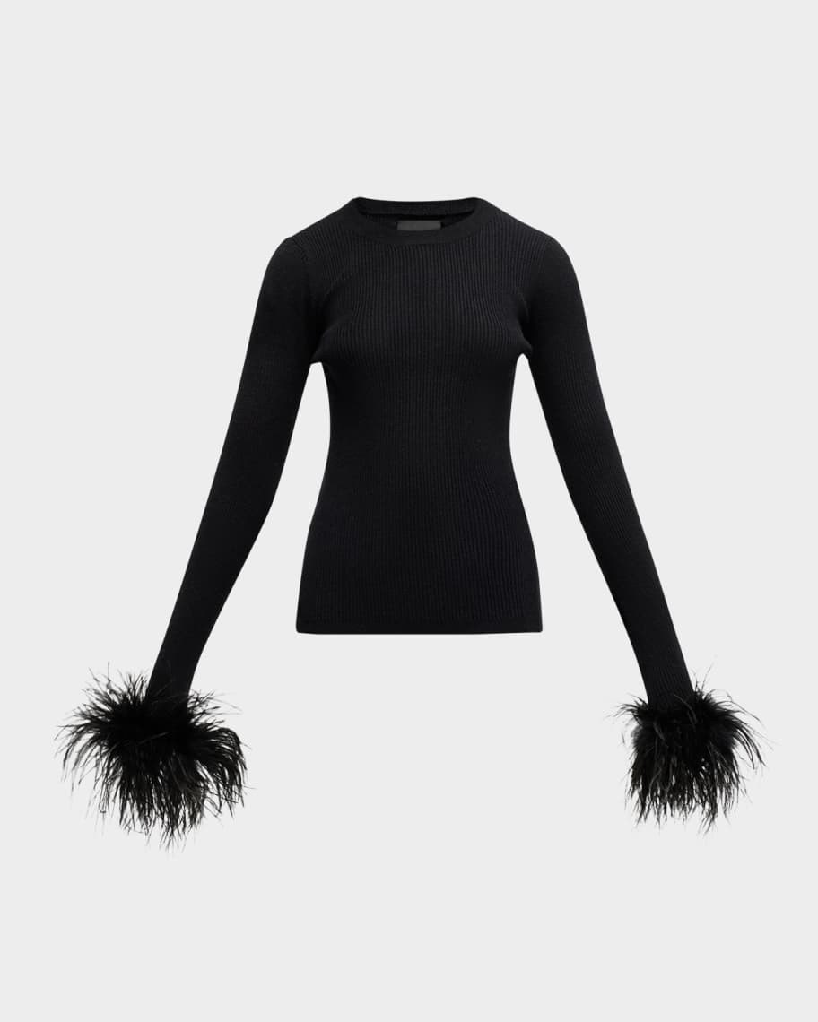Extra Crewneck Sweater with Ostrich Feather Cuffs | Neiman Marcus