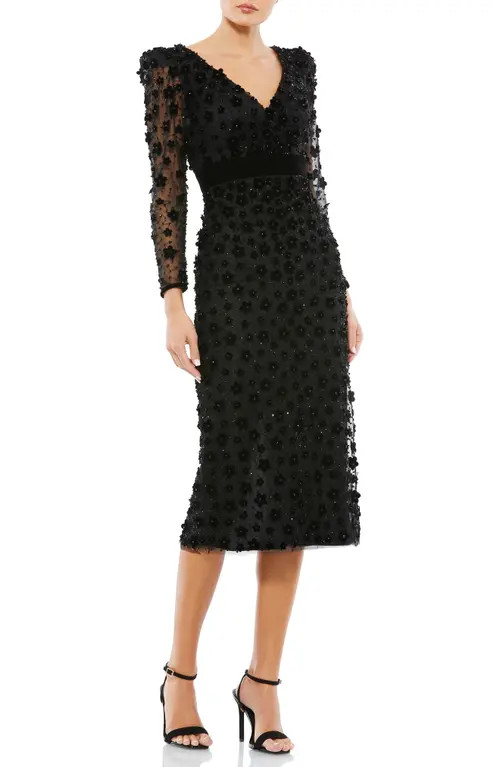 Mac Duggal Beaded Floral Appliqué Long Sleeve Tulle Sheath Dress in Black at Nordstrom, Size 6 | Nordstrom