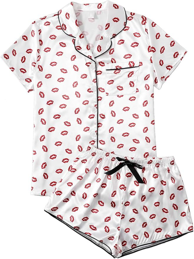 WDIRARA Women's Satin Sleepwear Short Sleeve Button Shirt and Shorts Pajama Set Silky PJ | Amazon (US)