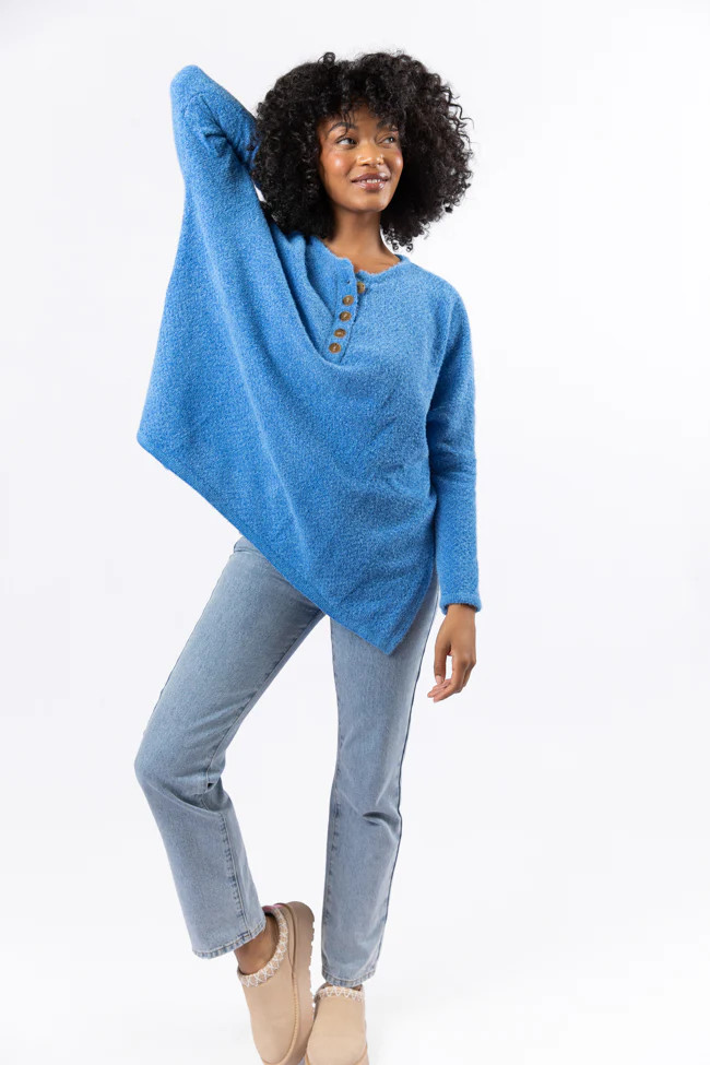 Thinking Of You Blue Fuzzy Henley Blouse SALE | Pink Lily