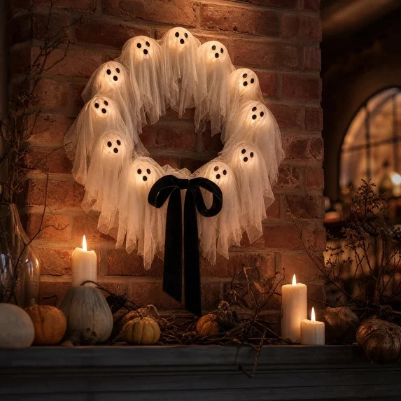 Light Up Gauze Ghost Wreath Warm LED Halloween Front Door Hanging Ornament Neutral Cottagecore Fa... | Walmart (US)