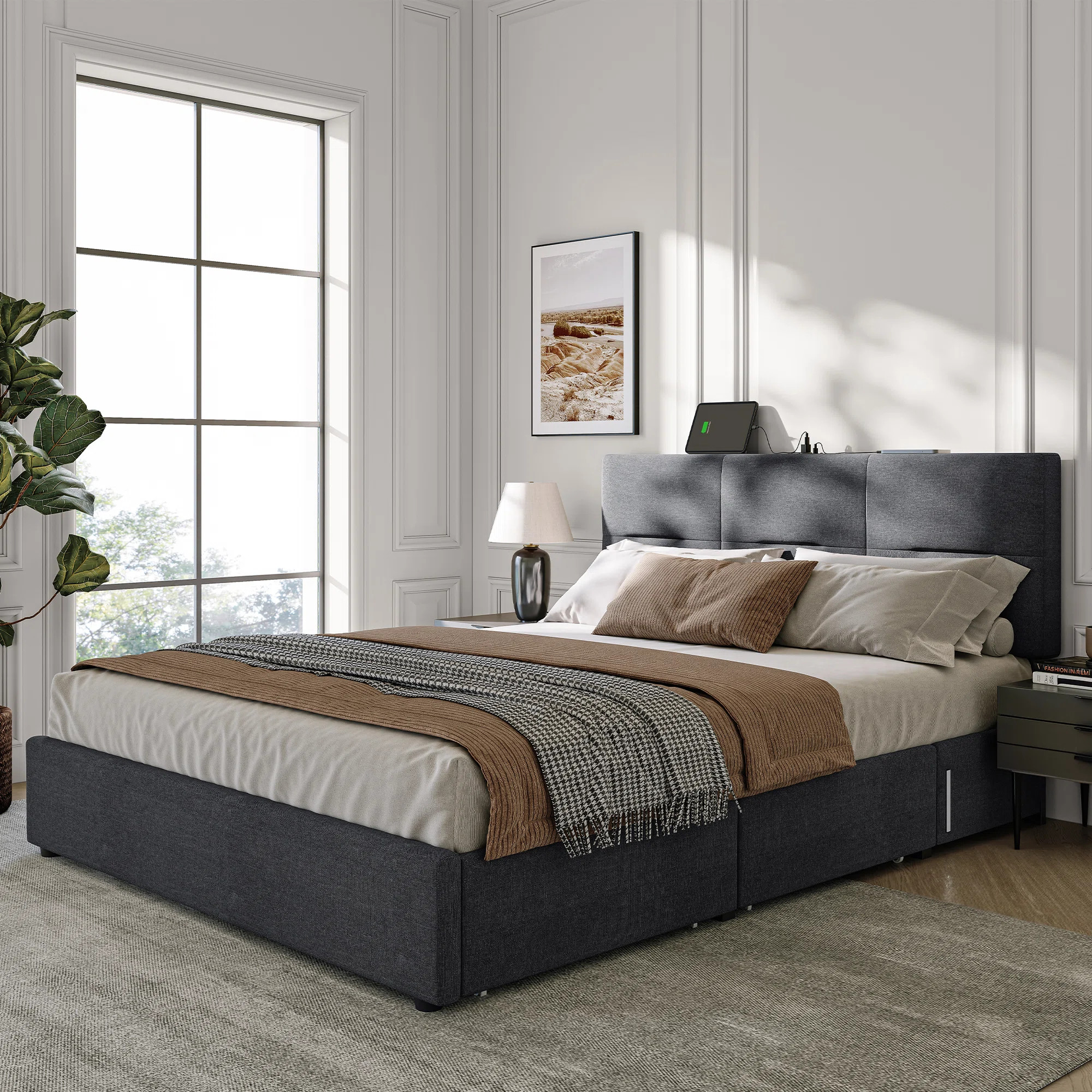Latitude Run® Fehi Upholstered Bed Frame with Headboard, 4 Storage Drawers，Charging Station, S... | Wayfair North America