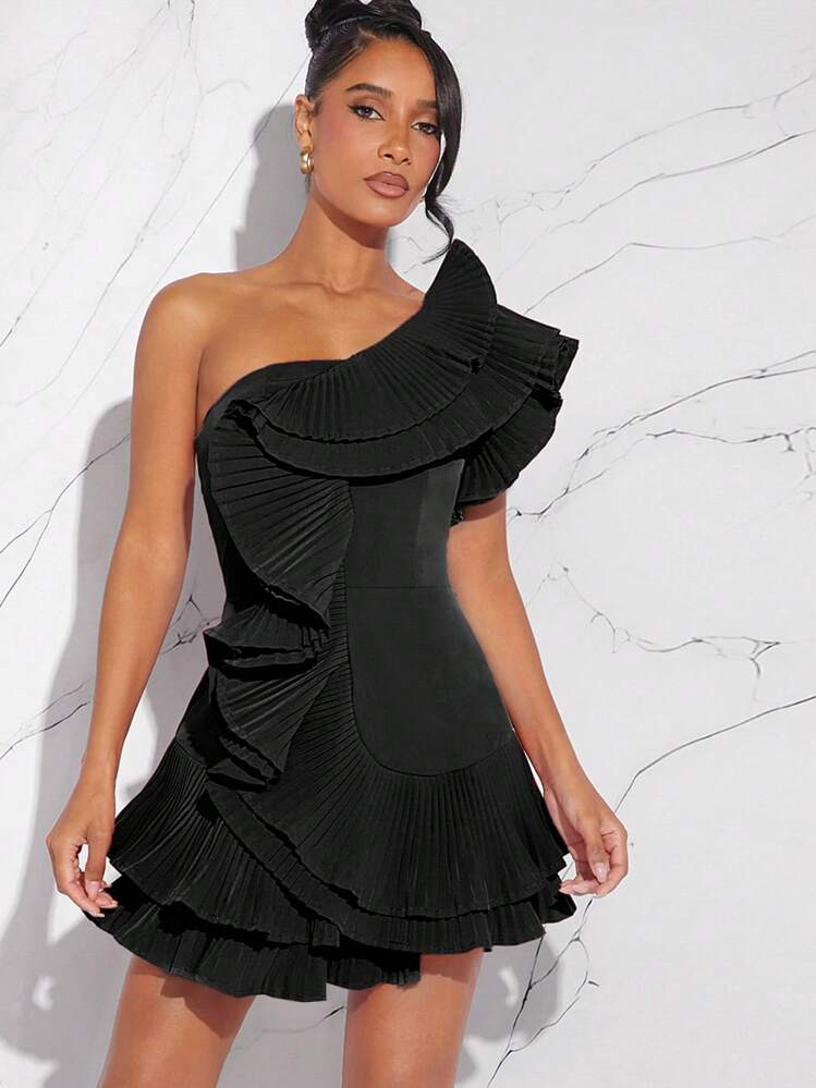 Hauture Fall Women Clothes, Women's Black Summer Elegant Sleeveless Dress With Pleats, Asymmetrical Neckline, One Shoulder And Lace Trim, Formal Dress, Prom Dress, Party, Fall Dresses, Cocktail Dress, Elegant Dress, Fall Outfits, Going Out Fress | SHEIN