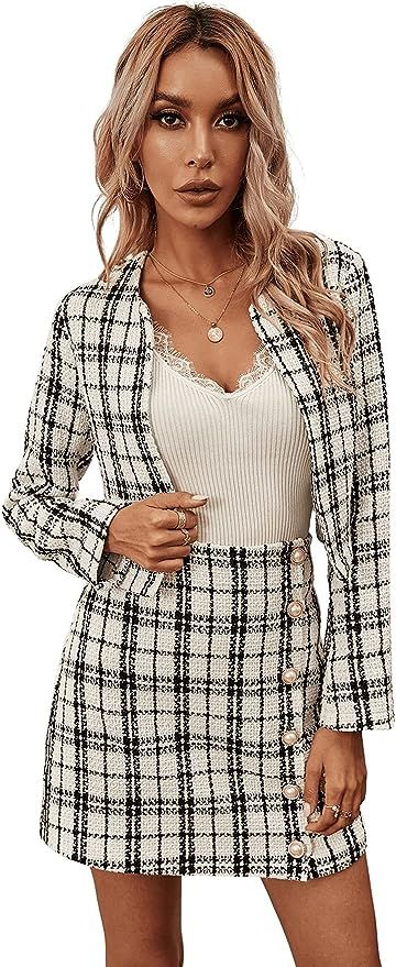 SweatyRocks Women's Business Suit 2 Pieces Tweed Blazer Jacket Coat and Skirt Set | Amazon (US)