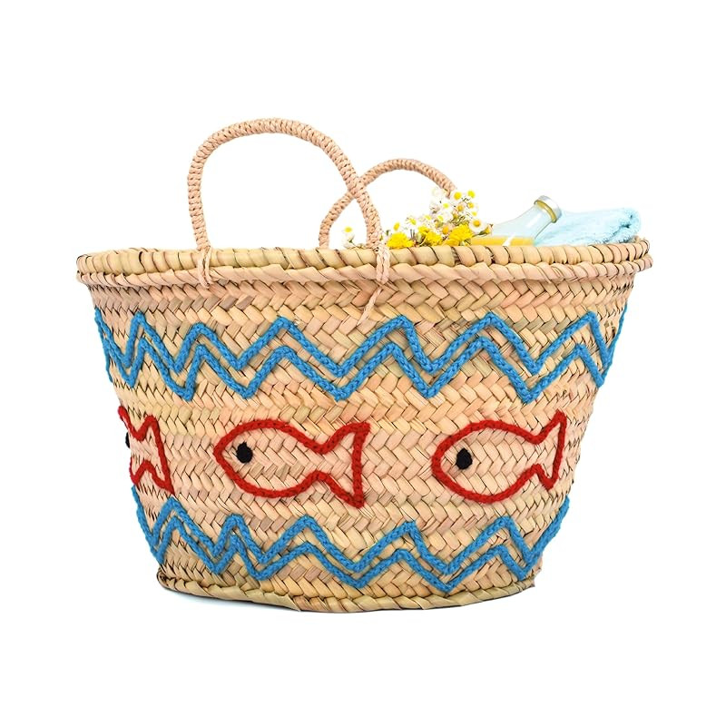 Handwoven Straw Beach Bag With Fish Motif - Ocean Tote Bag, Vacation Bag For Women - Summer Bag &... | Amazon (US)