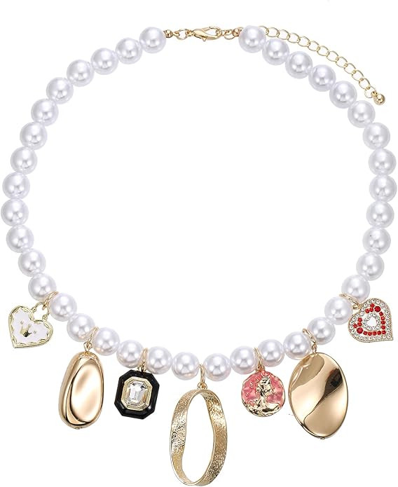 Women's Faux Pearl Necklace Cherry Heart Evil Eye Cameo | Amazon (US)