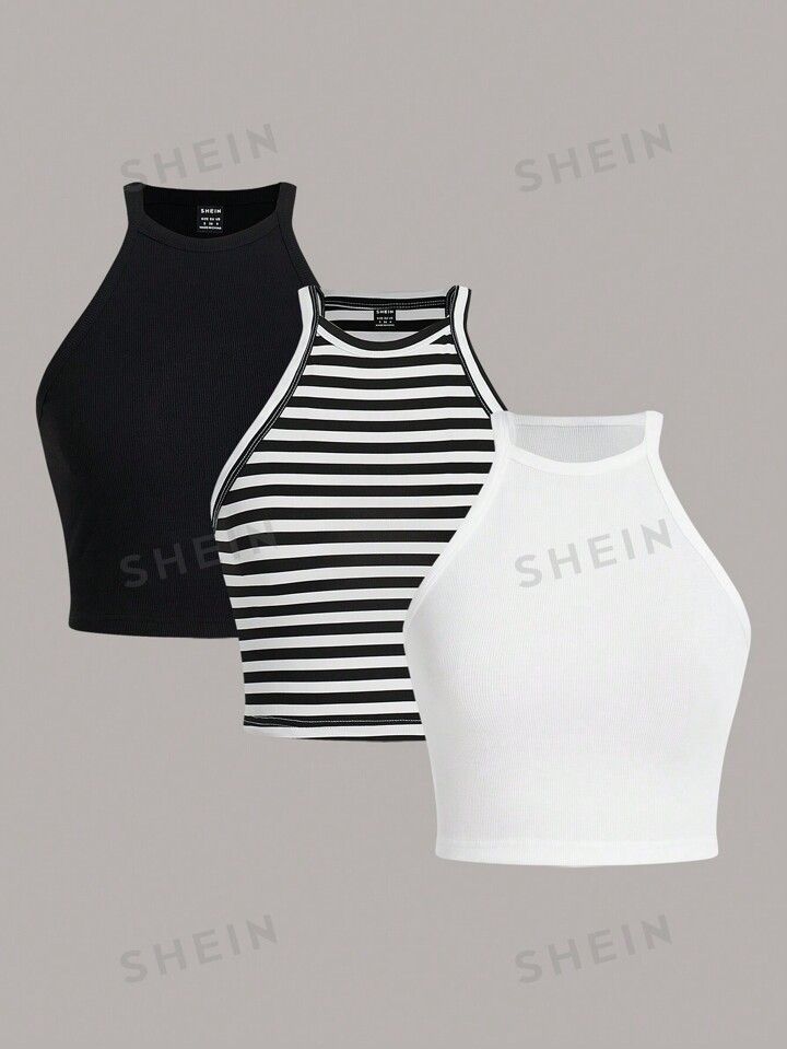 SHEIN Essnce Ladies" 3pcs/Set Short Knitted Vest Tops In Multiple Colors | SHEIN