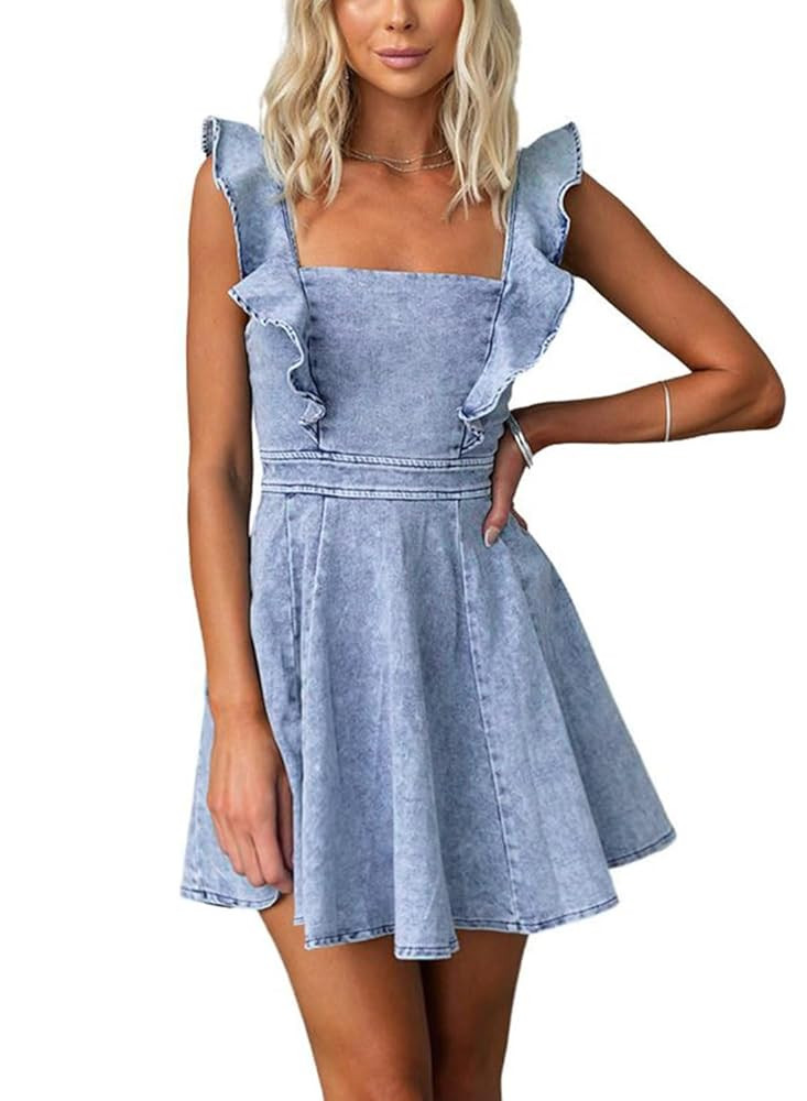 utcoco Denim Dress for Women Ruffle Adjustable Strap Sleeveless Backless Babydoll Mini Jean Dress... | Amazon (US)