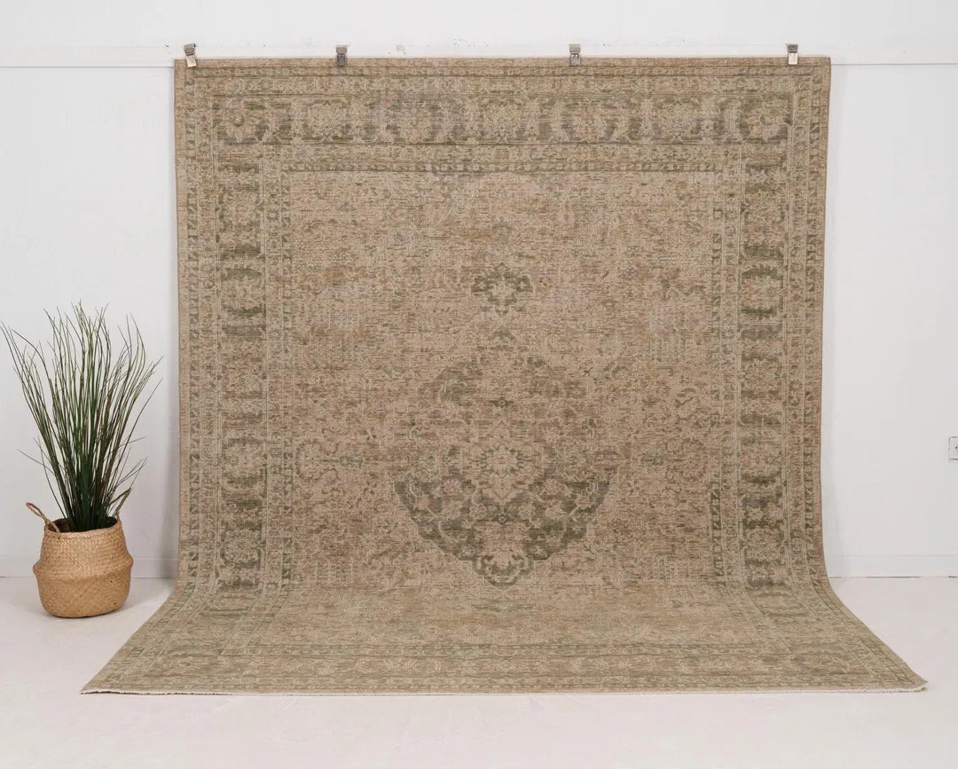 8x10 Green Beige Turkish Rug, Neutral Rug | Wool Area Rug for Living Room, Oriental Rug, Oushak R... | Etsy (US)