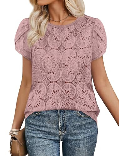 Amazon.com: OFEEFAN Blouses for Women Dressy Casual Boho Short Sleeve Shirts Crochet Lace Spring ... | Amazon (US)