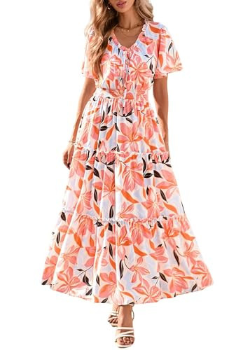 KIRUNDO Spring Summer Wedding Guest Dresses for Women 2026 Boho Floral Short Sleeve V Neck Ruffle Tiered Flowy Maxi Dress(Orange, Small) | Amazon (US)