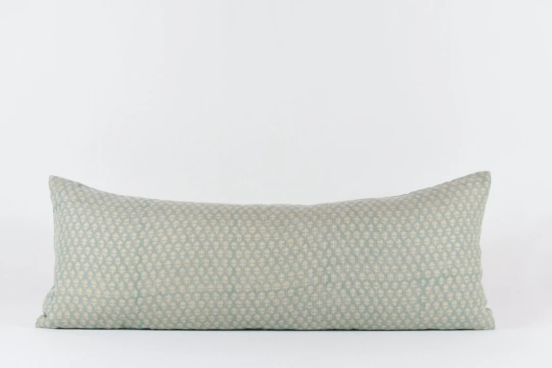 Sujata Long Lumbar Dusty Warm Blue Linen Block Print Pillow - Etsy | Etsy (US)