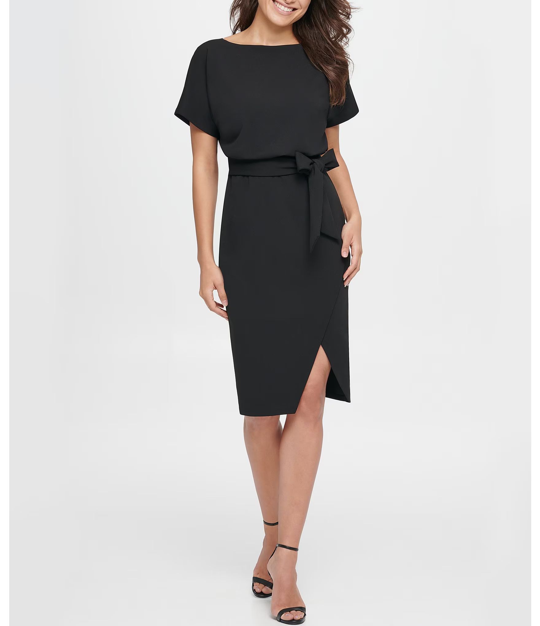 Kensie Textured Knit Boat Neck Self-Tie Waist Faux Wrap Blouson Dress | Dillard's | Dillard's