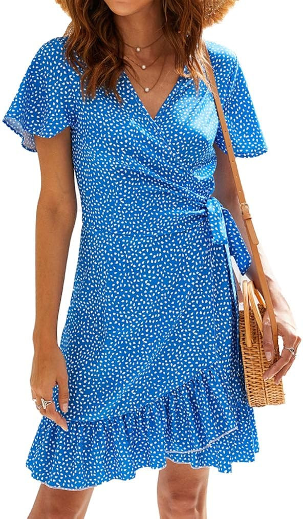 Naggoo Women's Summer Wrap V Neck Polka Dot Print Ruffle Short Sleeve Mini Floral Dress with Belt | Amazon (US)