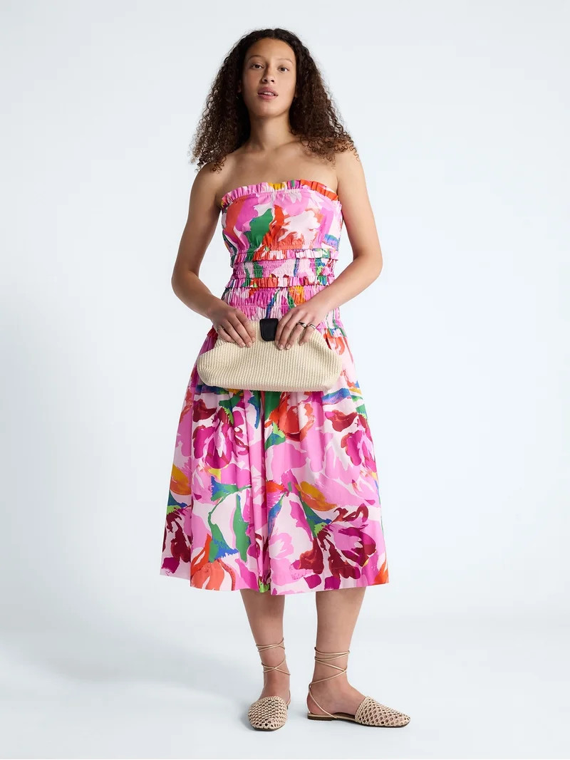 Free Assembly Women's and Women's Plus Strapless Cotton Poplin Tiered Midi Dress, Sizes XS-4X | Walmart (US)