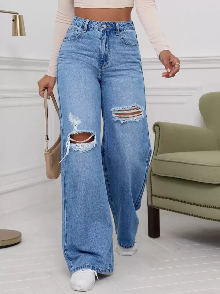 SHEIN EZwear High Waist Ripped Wide Leg Jeans | SHEIN