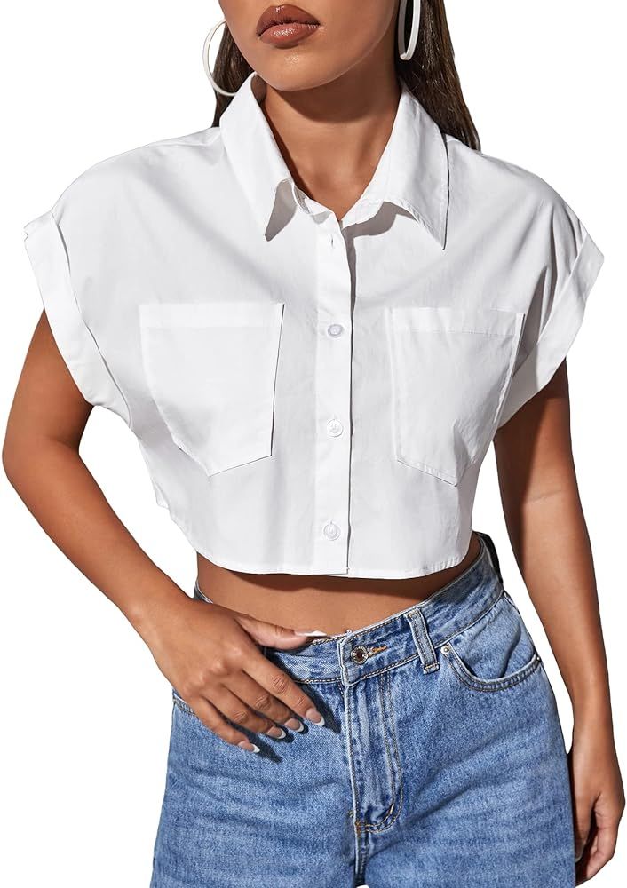 Women's Pocket Front Roll Up Cap Sleeve Button Down Crop Blouse Top | Amazon (US)