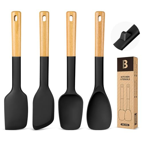 Silicone Spatula Spoon Set, Great for Mixing, Folding, Scraping, and Spreading, Sturdy BPA-Free Matte Silicone, Wooden Handle Rubber Spoonula for Nonstick Cookwares,4 Pack (BLACK) | Amazon (US)