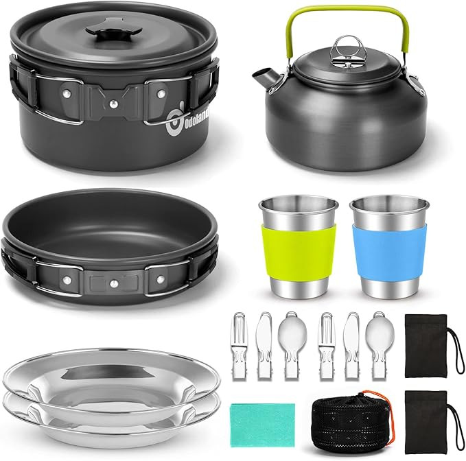 Odoland 15pcs Camping Cookware Mess Kit, Non-Stick Lightweight Pot Pan Kettle Set with Stainless ... | Amazon (US)