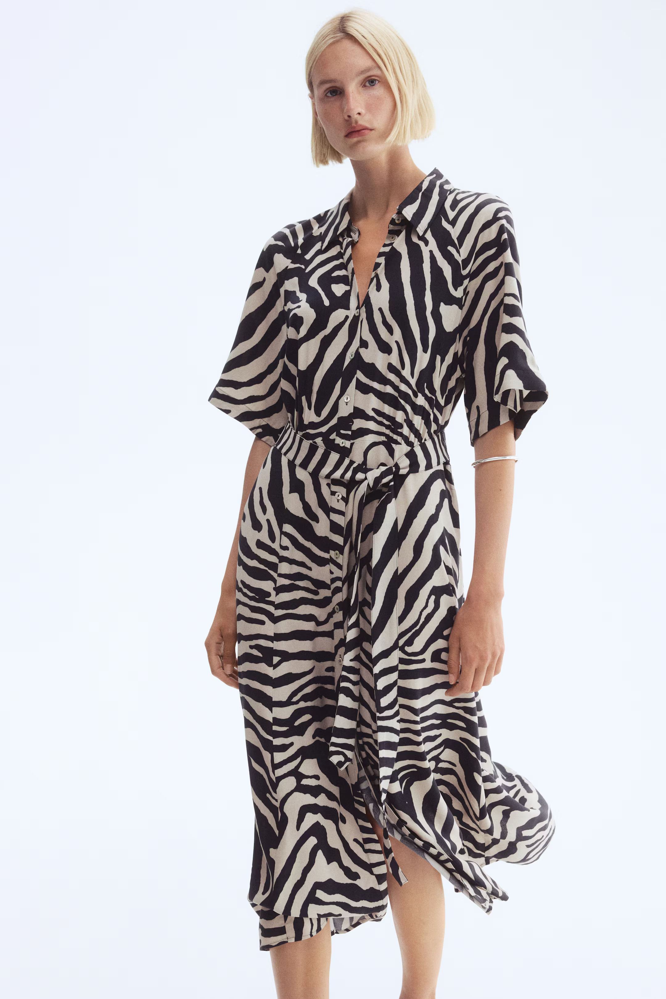 Tie-belt shirt dress - Cream/Zebra print - Ladies | H&M GB | H&M (UK, MY, IN, SG, PH, TW, HK)