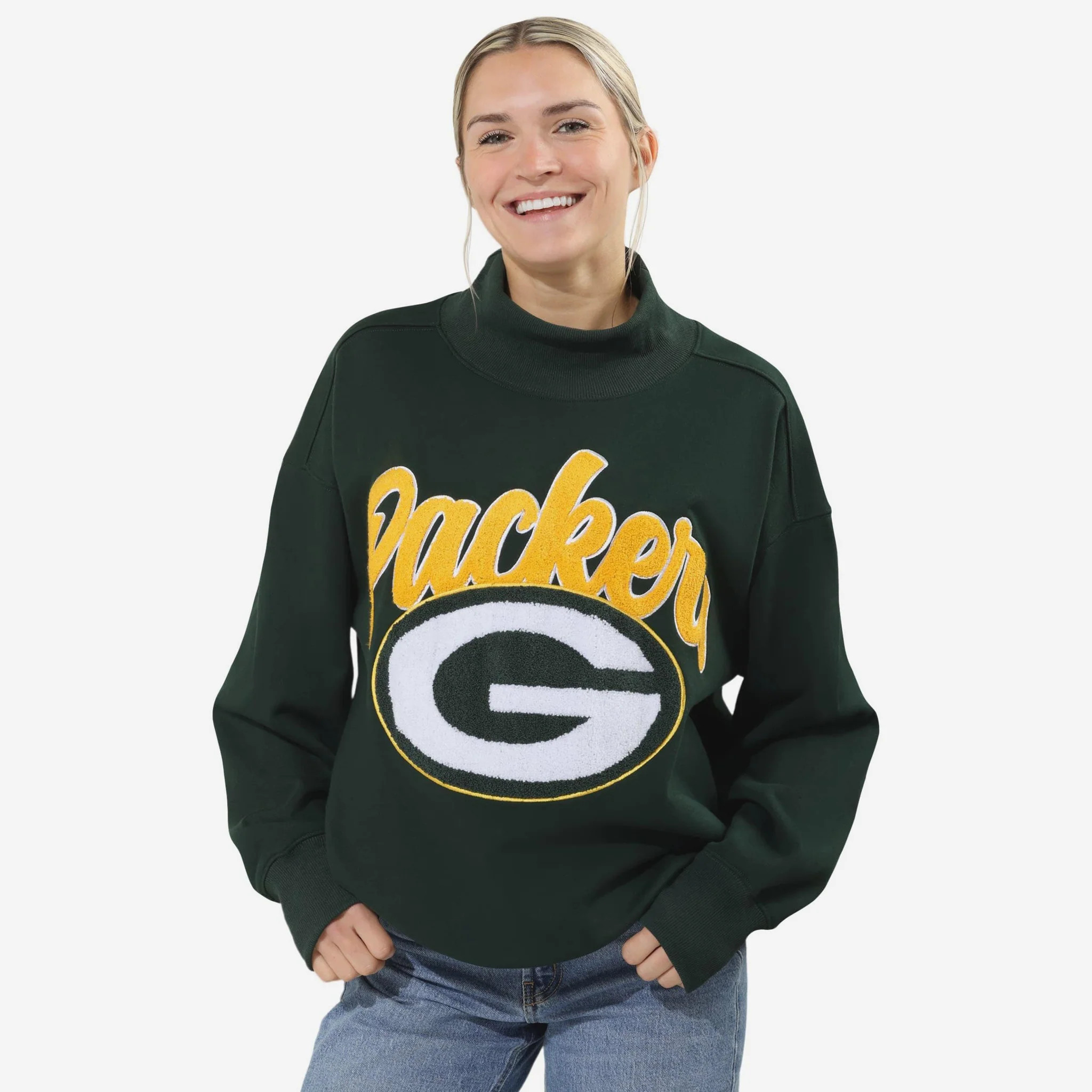 Green Bay Packers Chenille Logo Oversized Mockneck Sweatshirt | FOCO inc