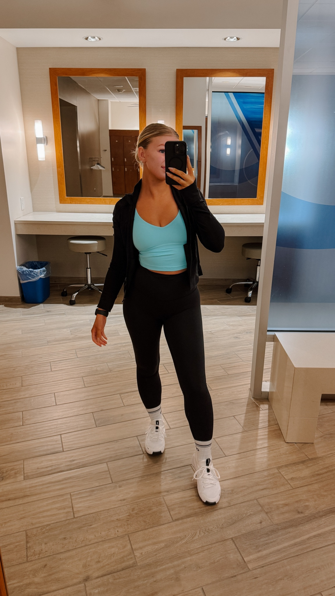 Workout fit 

Jacket: size 6
Tank: size 6 
Leggings: size 4 

#LTKStyleTip #LTKActive