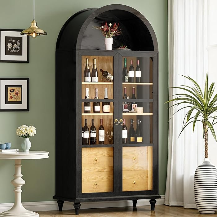 JUMMICO 71" Tall Arched Kitchen Pantry, Modern Farmhouse Wood Storage Cabinets with 2 Large Drawers and Adjustable Shelves, Bookcase for Dining Room, Bedroom,Bathroom, Black | Amazon (US)