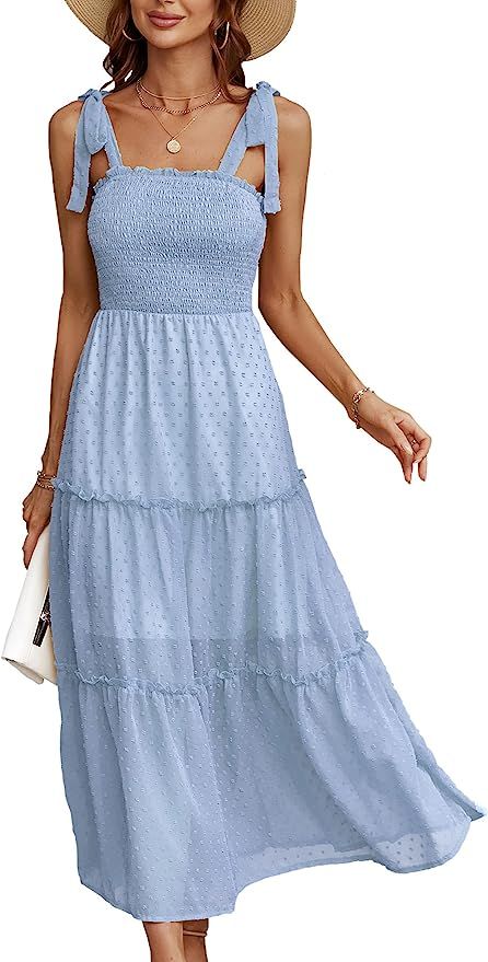 AOVDE Women's Summer Dress Stripe Spaghetti Strap Square Neck Ruffle Flowy A Line Long Maxi Dress | Amazon (US)