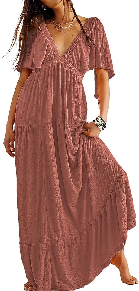 Kikibell Women Summer Dresses Sexy V-Neck Maxi Dress Tiered Silhouette with Flutter Sleeve Backle... | Amazon (US)