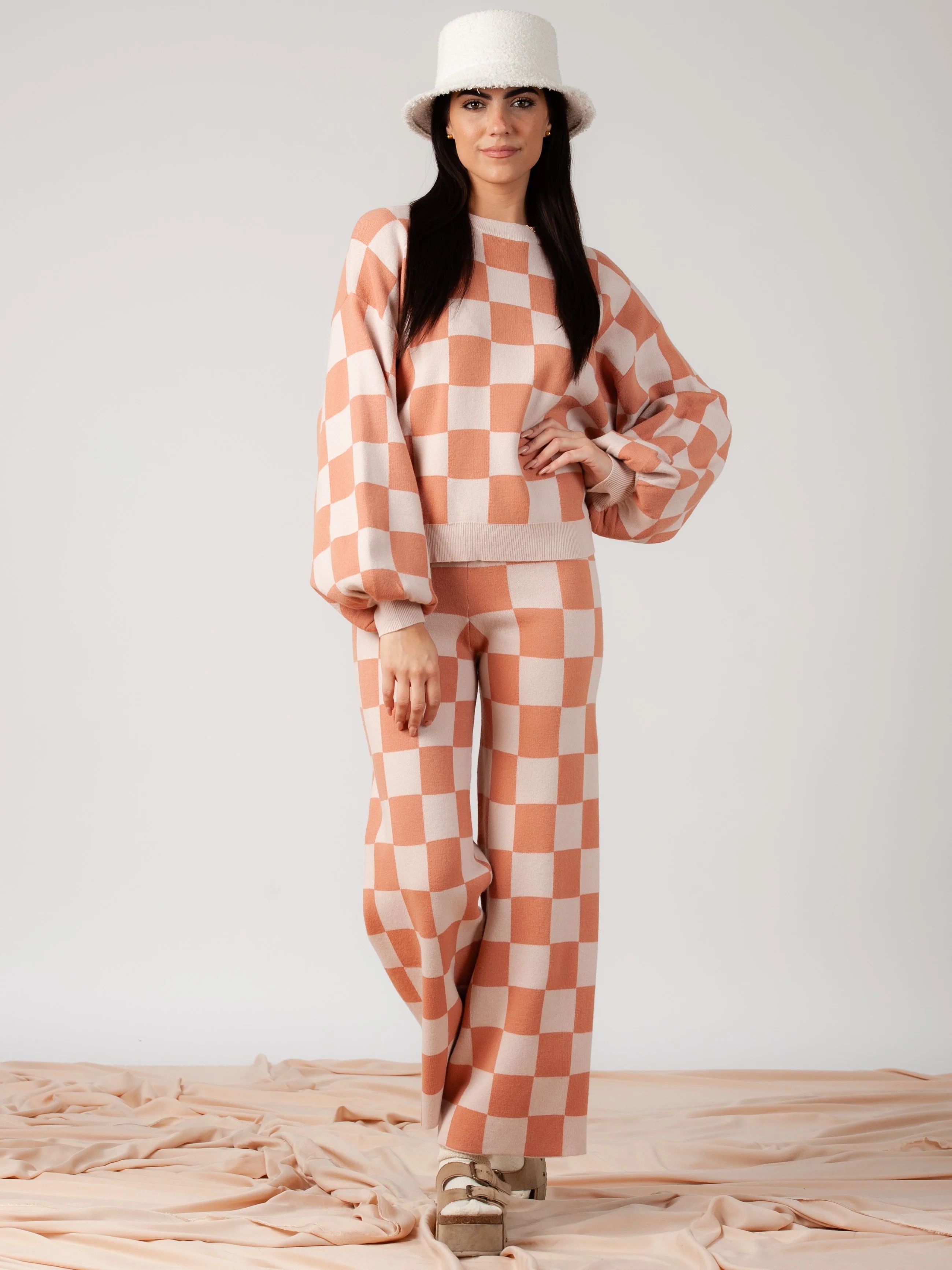 CHECKMATE SWEATER AND PANT SET-PALE GERANIUM | LUCCA COUTURE