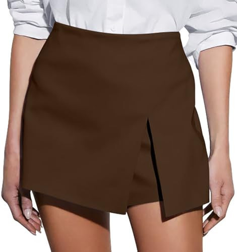 GOBLES Women's Casual High Waist A-line Side Slit Asymmetrical Hem Mini Office Skorts Brown | Amazon (US)