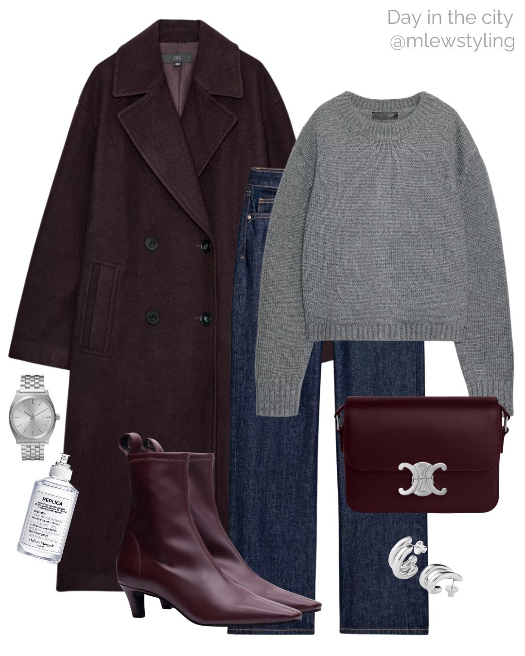 Winter outfit with burgundy & grey 🩶

Tags: day in the city, Zara oversized winter coat, straight leg jeans, dark denim, grey crewneck sweater, burgundy ankle boots, kitten heeled booties, Celine shoulder bag, Jenny bird silver earrings, replica perfume, silver Nixon watch, casual workwear, office outift 

#LTKootd #LTKFindsUnder100 #LTKWorkwear