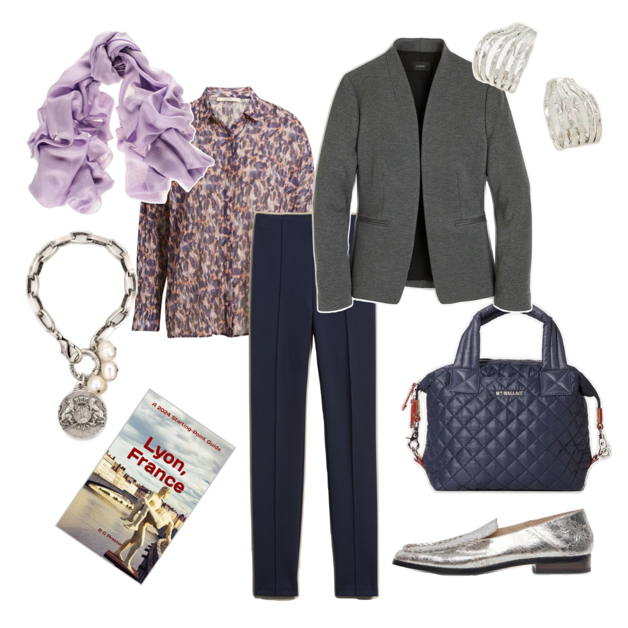 Spring travel outfit idea with pink and lilac color accents