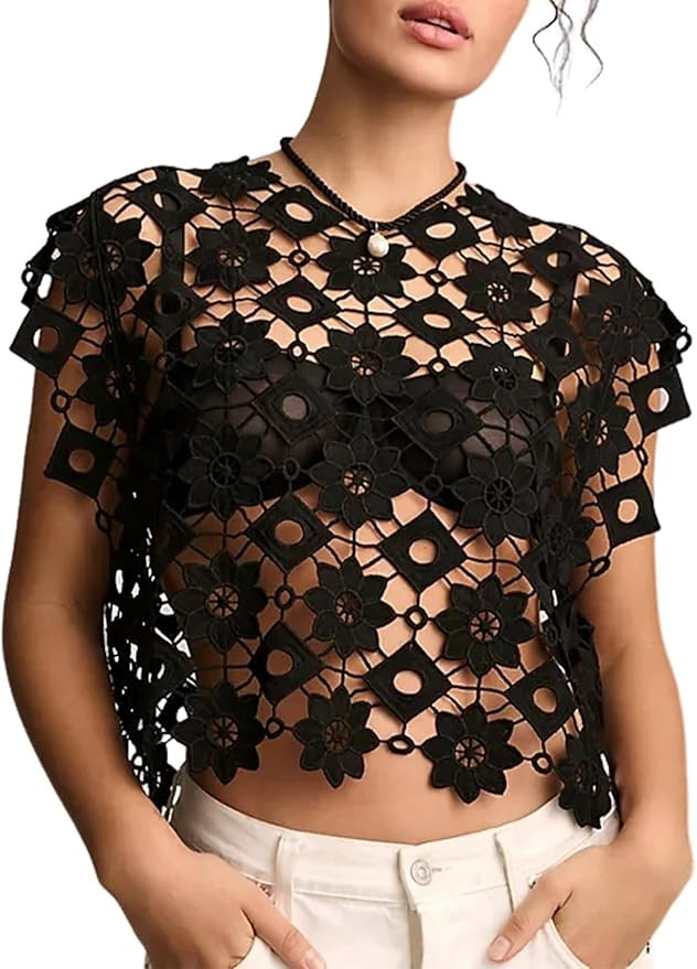 Yimoon Women's Floral Shell Vest Top Hollow Out Sleeveless Crewneck Crochet Cover Up Summer Going... | Amazon (US)