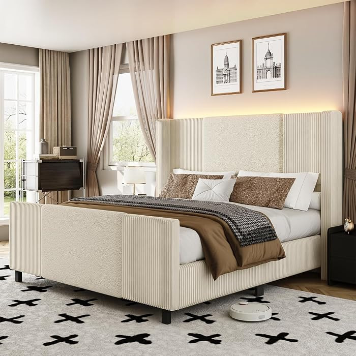 Queen Size Bed Frame with Tall Headboard and Footboard, Boucle and Corduroy Upholstered Bed Frame... | Amazon (US)