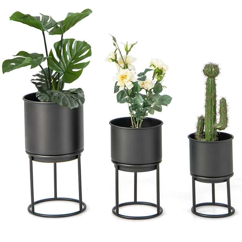 Costway 3 Metal Planter Pot Stand Modern Decorative Flowerpots Set with Drainage Holes | Target