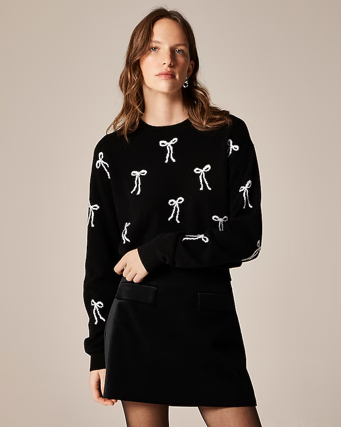 Perfect cashmere crewneck sweater in bow print | J. Crew US