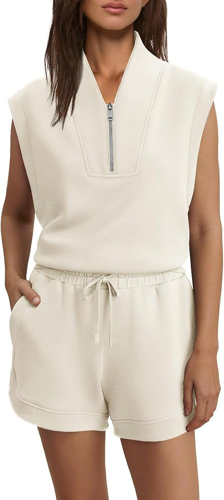 ReachMe Womens 2 Piece Lounge Set Buttery Soft Oversized Half Zip Sleeveless Pullover High Rise S... | Amazon (US)